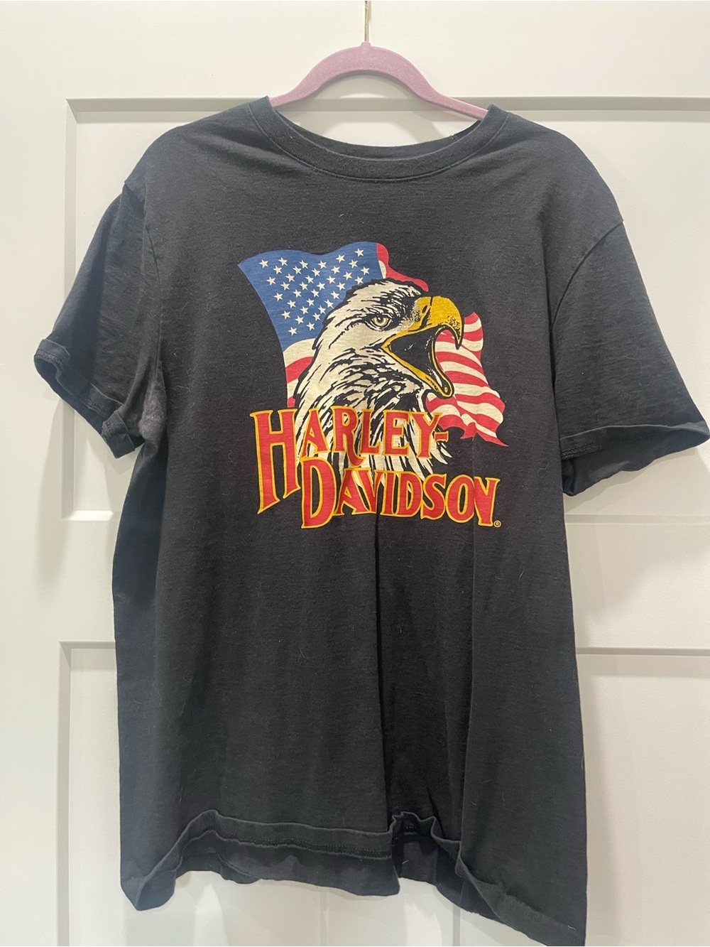 Harley-Davidson Black Tee with Eagle and American Flag Graphic